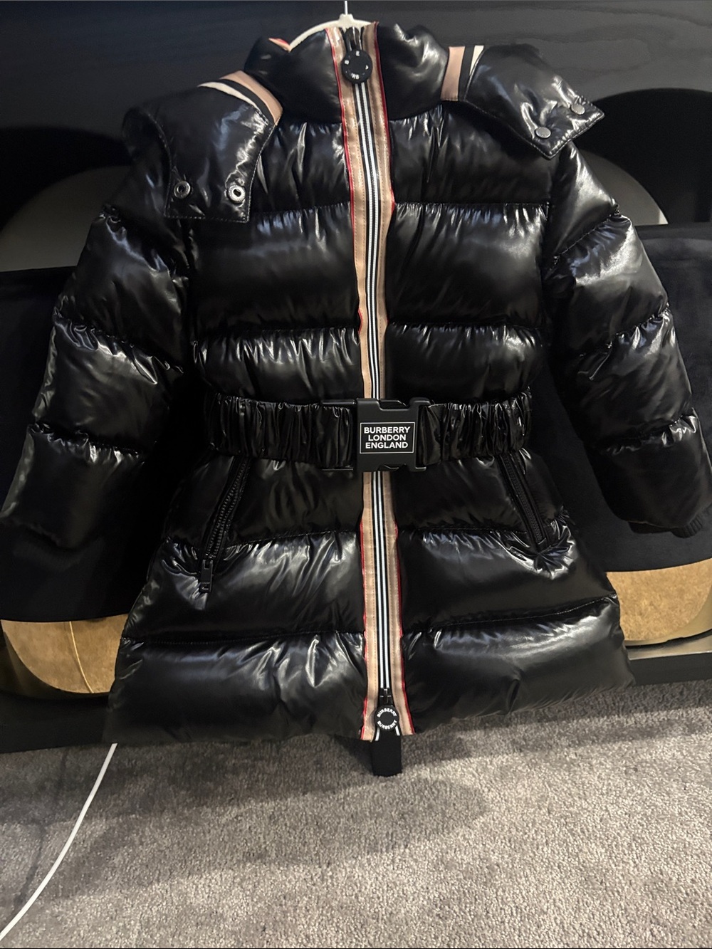 Burberry Black Quilted Kids Puffer Coat with Signature Stripe